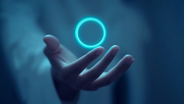 Futuristic glowing circle hovering above an open palm, symbolizing innovation, potential, and a bright future in the digital age with a calming, blue ambiance