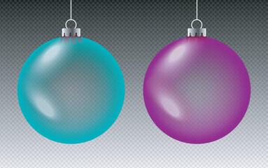 Fototapeta premium Two glistening hanging christmas ornaments teal and purple against transparency