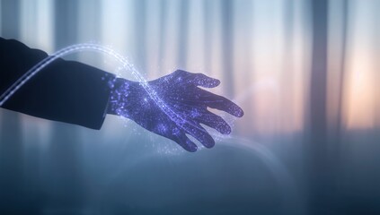 Futuristic handshake concept for innovative business deals and technology partnerships, showcasing digital connectivity and global networking, modern and sleek