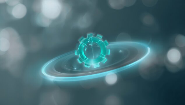 Teal futuristic gear spinning with glowing rings for cutting edge technology concepts and next generation engineering solutions, modern and high tech