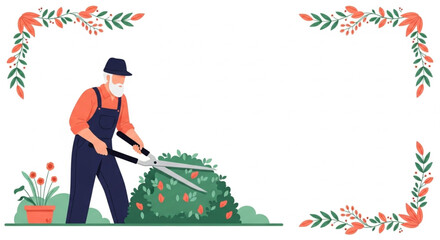 Delightful garden scene featuring a senior gardener trimming a bush with shears, framed by elegant floral accents for greeting cards and spring promotions