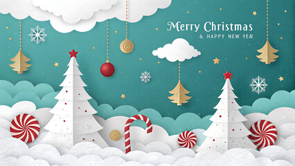 Festive merry christmas and happy new year paper art with christmas tree, candy cane, and ornament, creating a joyful and whimsical holiday scene