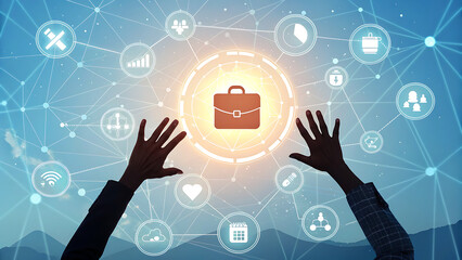 The concept of digital business and technology transformation shows a businessman touching a virtual screen with a briefcase icon and various digital icons around it