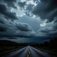 Desolate Road Under Dramatic Storm Clouds with Rainfall and an Overcast Sky in Rural Landscape