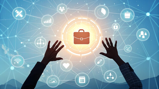 The concept of digital business and technology transformation shows a businessman touching a virtual screen with a briefcase icon and various digital icons around it