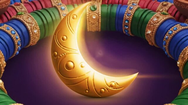 Golden Crescent Moon Surrounded by Colorful Bangles and Glowing Diyas Festive Art