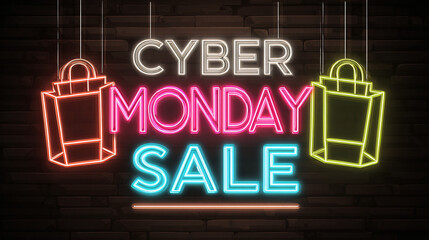 CYBER MONDAY SALE neon sign with shopping bags colorful online retail promotion event