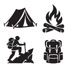Silhouette camping essentials including  tent campfire hiker and backpack vector illustration set
