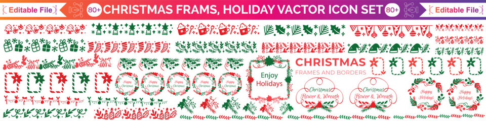 Christmas frame set, winter holiday border, New Year celebration decor print, hand drawn pine branch. Traditional festive postcard geometric garland design, wavy ribbon bow. Christmas frame party kit