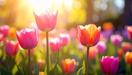 Vibrant tulips bathed in golden sunlight, showcasing natural beauty and springtime colors