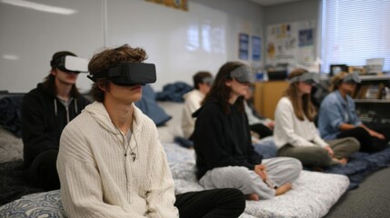 Group of young people sitting on a bed in a room with a whiteboard in the background. they are all wearing virtual reality (vr) headsets and appear to be engaged in a virtual reality activity.