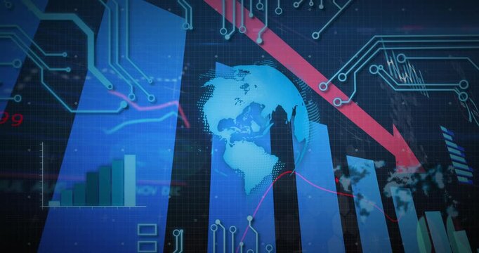 Red arrow entering top-right, descending across blue bars, globe rotating, signaling market decline