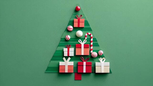 Creative Christmas tree design with gifts, candy cane, and ornaments on green background