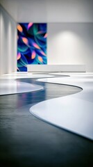 A contemporary art gallery features a vibrant abstract mural on the wall and a unique, flowing floor design with contrasting white and dark surfaces.
