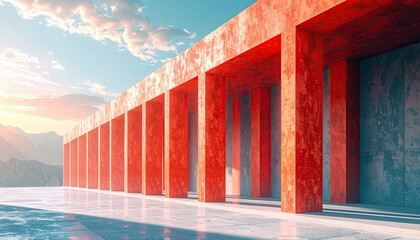 A striking modern building features a long colonnade with vibrant red, textured pillars and a contrasting concrete wall, set against a backdrop of mountains and