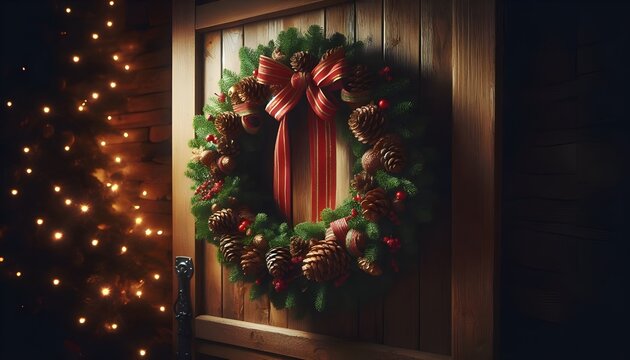 Christmas door: Holiday wreath decoration. AI Generated, Generative AI