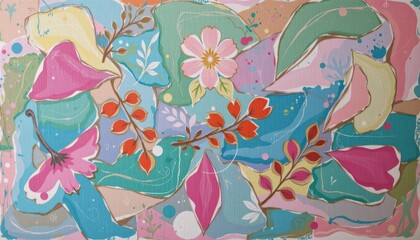 Colorful Abstract Floral Design with Leaves and Flowers in Dynamic Patterns on Textured Background