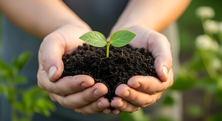 Plant in Hands, Hands gently holding a young plant with soil, symbolizing new life and growth plant hand