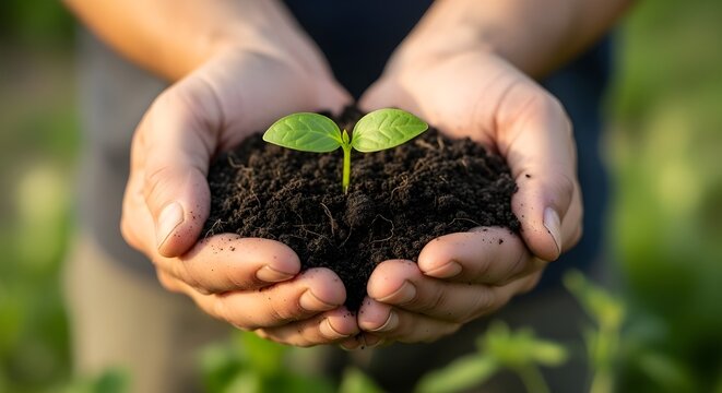 Plant in Hands, Hands gently holding a young plant with soil, symbolizing new life and growth plant hand