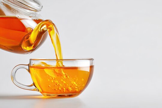 Liquid golden beverage streams from a clear teapot into glass cup - Powered by Adobe