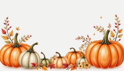 Festive Autumn Pumpkins Surrounded by Colorful Leaves in a Decorative Fall Arrangement