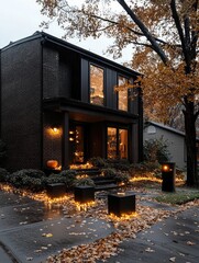 A modern, dark brick house is decorated for Halloween with a pumpkin and glowing lights lining the walkway and steps on a fall evening.