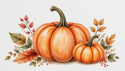 Decorative Illustration of Large and Small Orange Pumpkins Surrounded by Colorful Autumn Leaves