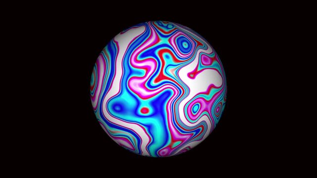 Rotating sphere with blue, cyan, and pink fluid organic wave textures.