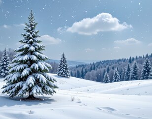 Glistening Pine Trees Covered in Snow in a Serene Winter Landscape Under a Bright Blue Sky