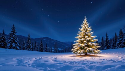 Illuminated Christmas Tree on Snowy Landscape at Night with Stars Above in a Winter Wonderland