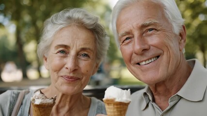 Senior couple eating ice cream. Happy retirees enjoy dessert outdoors. Mature pair shares sweet treat. Elderly lovers smile on bench.