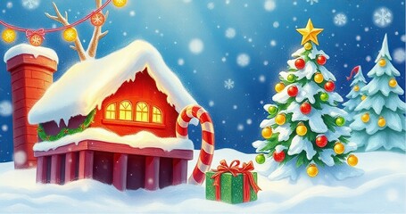 A house with a christmas tree and a candy cane in the snow