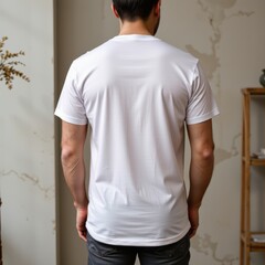 Casual Young Man Wearing a White Shirt Seen from the Back in a Minimalist Indoor Setting