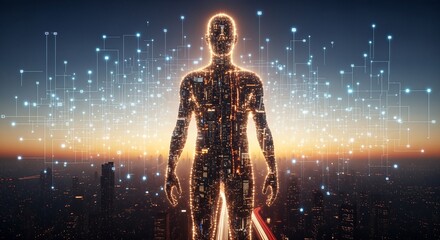 Futuristic digital human silhouette with circuit patterns stands over an illuminated cityscape, enveloped by a global data network. Symbolizes AI, technology, and human-computer integration.