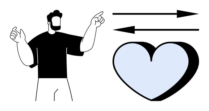Man gesturing towards a large heart with opposite directional arrows above, symbolizing love, relationship dynamics, connection, mutual exchange, emotional feedback, decision-making, communication