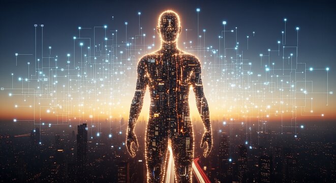 Futuristic digital human silhouette with circuit patterns stands over an illuminated cityscape, enveloped by a global data network. Symbolizes AI, technology, and human-computer integration.