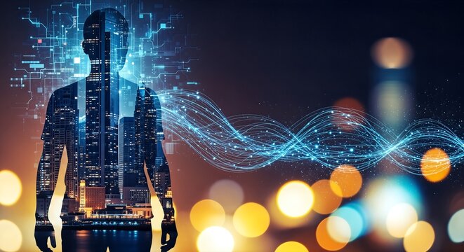 A person's silhouette filled with a modern city skyline, overlaid with digital circuit patterns and flowing light lines, symbolizing technology, innovation, and urban development. - Powered by Adobe