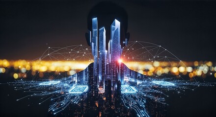 A futuristic image showing a human silhouette connected to a smart city skyline with glowing digital circuits and network lines. Represents AI, data, and urban tech.