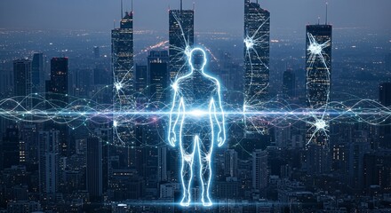 A glowing abstract human figure stands amidst a vibrant city nightscape, connected by intricate light trails symbolizing technology, AI, and urban networks.