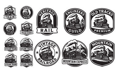 Vintage Steam Train Logo Set – Retro Railroad Badge Collection with Vintage Steam Train and Railroad Emblems Collection and Classic Steam Locomotive Emblem Pack for Branding