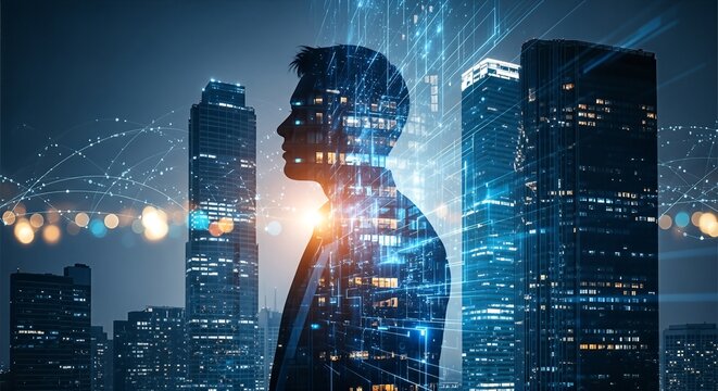 Silhouette of a man's profile, overlaid with glowing digital data lines and connections. Set against a dark, modern cityscape at night, symbolizing innovation and human-tech integration.