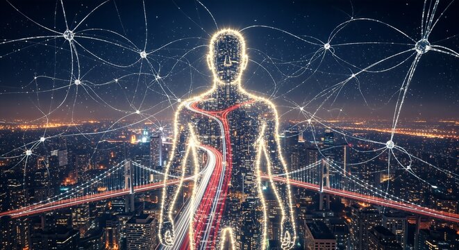 A futuristic image depicting a glowing human silhouette formed by city lights, connected by a neural network against a dark night sky. It symbolizes AI and urban connectivity.