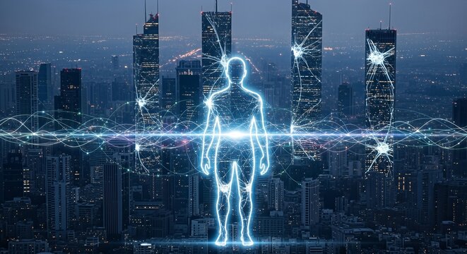 A glowing abstract human figure stands amidst a vibrant city nightscape, connected by intricate light trails symbolizing technology, AI, and urban networks.