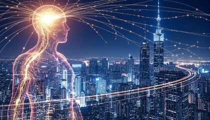 An illuminated human figure, representing intelligence and consciousness, connects via glowing light trails to a modern, futuristic city at night. Symbolizes AI, data, and global network.