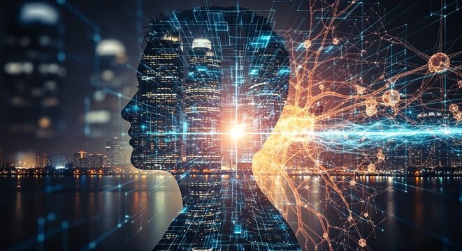 Double exposure of a human head silhouette against a modern city skyline at night, interwoven with glowing neural networks and digital data lines, symbolizing AI, technology, and future thought.