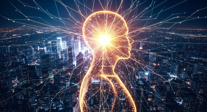 A glowing human silhouette representing AI or thought emanates bright energy lines connecting a futuristic smart city network at night. Symbolizes innovation and global data.