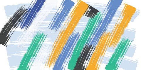 Abstract colorful grunge brush strokes background. Modern diagonal paint texture design with yellow, blue, and green dry brush lines.