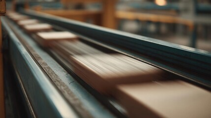 Fototapeta premium Close-up of a conveyor belt in a factory. the belt is made of metal and appears to be in motion, with the background blurred.