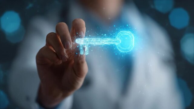 The Key to Healthcare Innovation: An illuminating illustration showcases the pivotal role of health, a hand holding a glowing key against the backdrop of medical expertise.