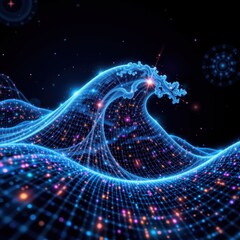 Abstract Digital Representation of a Vibrant Ocean Wave with Particles and Light Effects